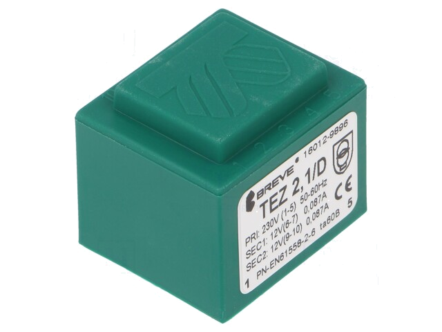 Transformator: ingegoten; 2,1VA; 230VAC; 12V; 12V; 88mA; 88mA; PCB Transformator: ingegoten; 2,1VA; 230VAC; 12V; 12V; 88mA; 88mA; PCB